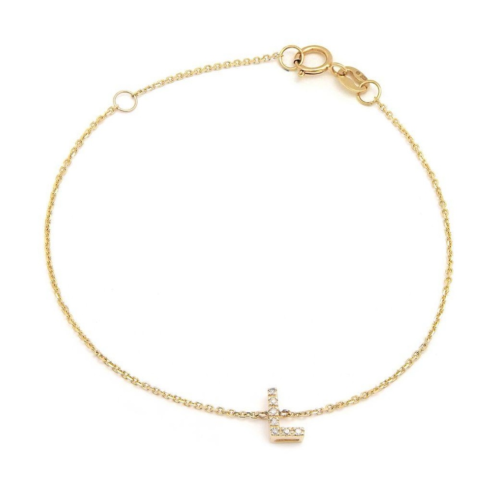 14K Real Yellow Gold Initial ”L” Single Prong Diamond Bracelet 7+1″